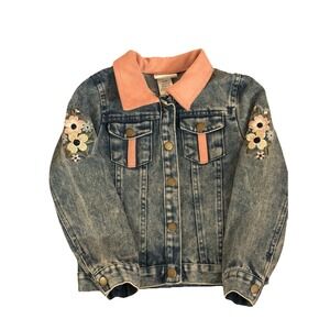 Toddler Girls Denim Jacket Size 5 Pink Floral Accents Button Front Jean Coat